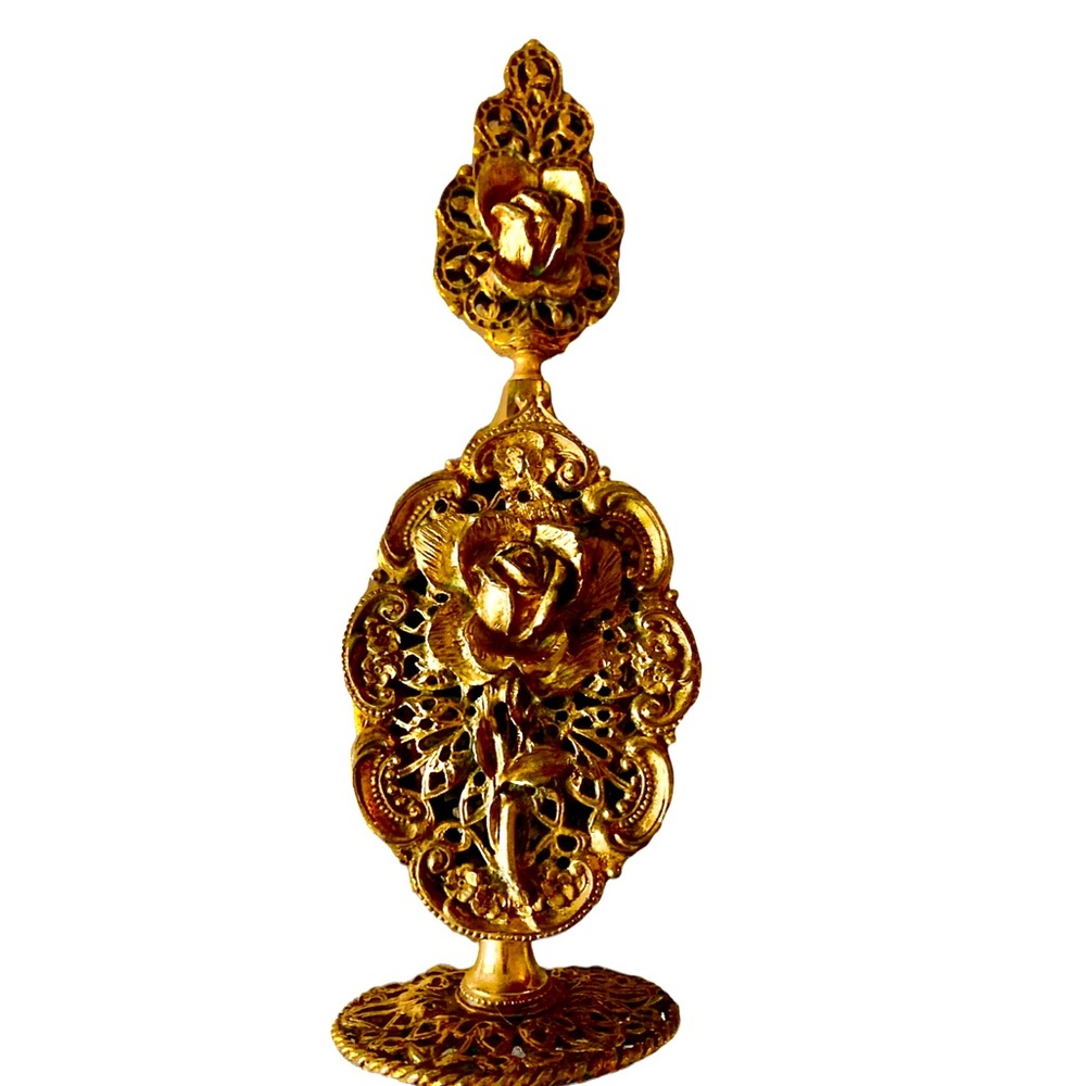 Vintage Ornate Gold Tone Roses Perfume Bottle 10”